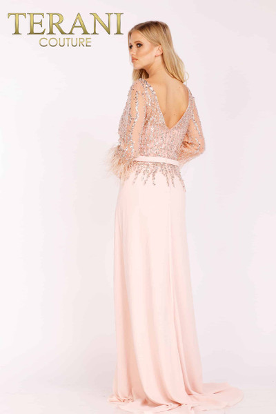 Terani Couture 1921M0473 Chiffon Feather Long Sleeves Gown