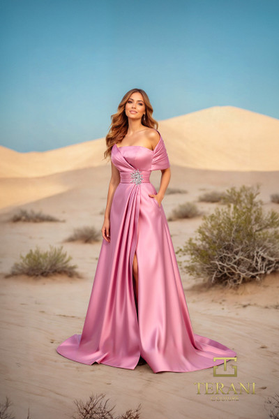 Terani Couture 251M4441 Matte Satin One Shoulder Long Dress