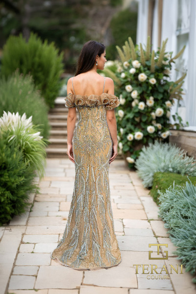 Terani Couture 252GL5226 Beaded Tulle Off Shoulder Long Gown