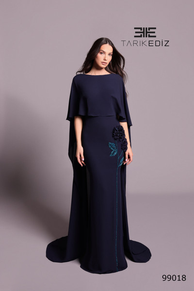 Tarik Ediz 99018 Embellished Bateau Neck Cape Overlay Gown