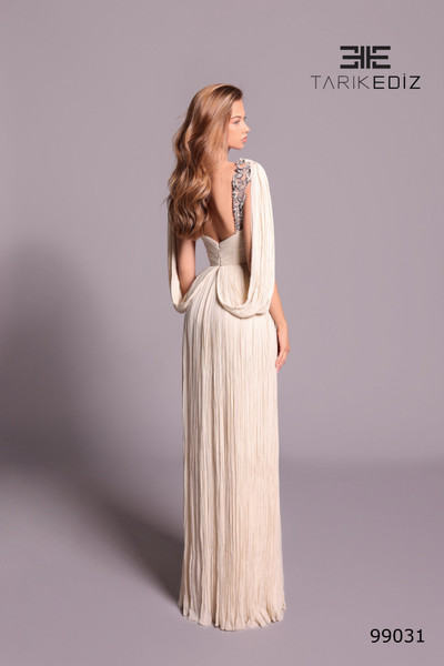 Tarik Ediz 99031 Crushed Chiffon Draped Cape Sleeve Dress