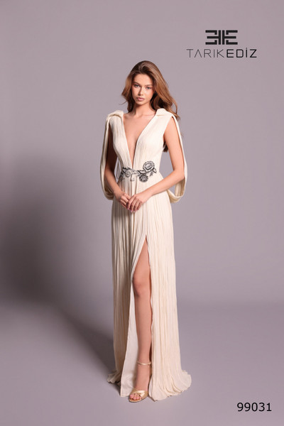 Tarik Ediz 99031 Crushed Chiffon Draped Cape Sleeve Dress