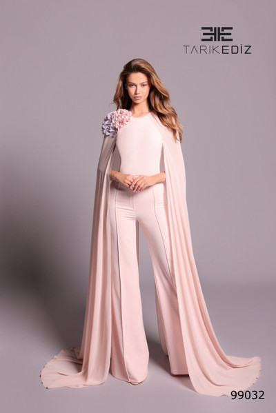 Tarik Ediz 99032 Crepe Cape Sleeves Wide-Leg Pants Jumpsuit