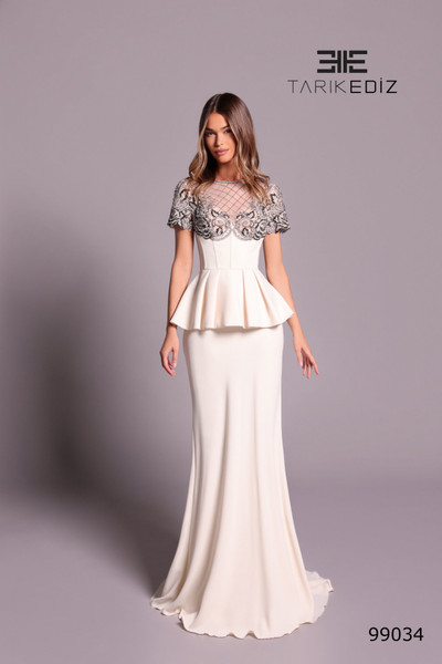 Tarik Ediz 99034 Crepe Jewel Neckline Short Sleeves Dress