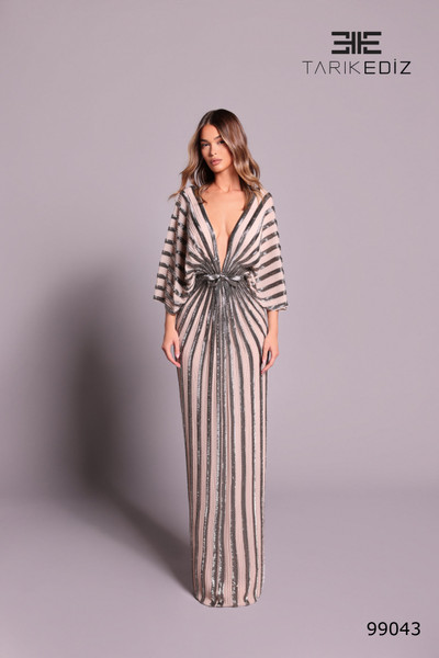 Tarik Ediz 99043 Embroidery V-neck Kimono Sleeves Long Dress