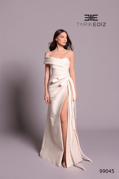 Tarik Ediz 99045 Taffeta Asymmetric Neck High Slit Dress