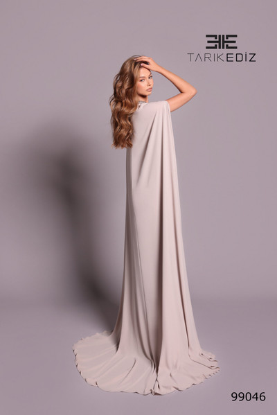Tarik Ediz 99046 Crepe Long Cape Sleeve High Neck Long Dress