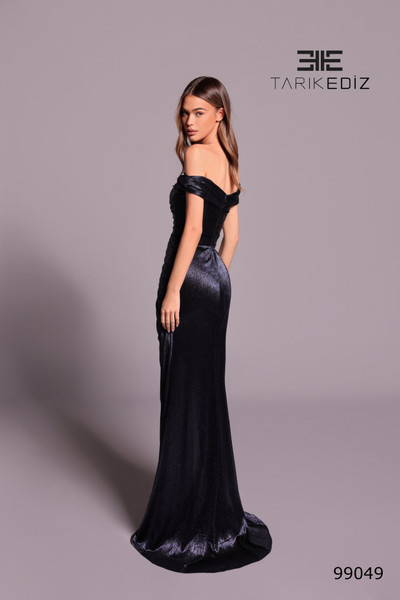 Tarik Ediz 99049 Silky Foil Off Shoulder Straight Neck Dress