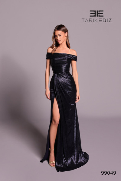 Tarik Ediz 99049 Silky Foil Off Shoulder Straight Neck Dress