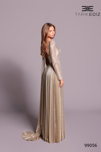 Tarik Ediz 99056 Silky Foil Asymmetric Cape Sleeve Dress
