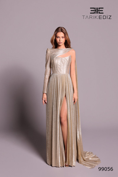 Tarik Ediz 99056 Silky Foil Asymmetric Cape Sleeve Dress