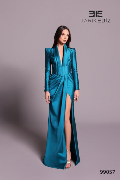 Tarik Ediz 99057 Taffeta Plunging V-Neck Long Sleeve Dress