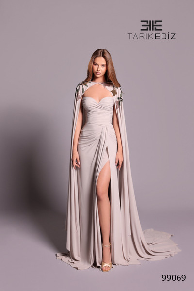 Tarik Ediz 99069 Crepe Beaded Cape Sweetheart Neckline Dress