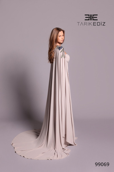 Tarik Ediz 99069 Crepe Beaded Cape Sweetheart Neckline Dress