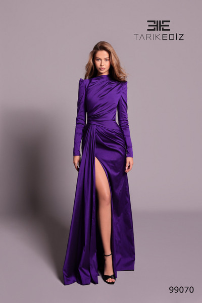 Tarik Ediz 99070 Taffeta High Neck Long Puff Sleeves Dress
