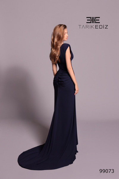 Tarik Ediz 99073 Crepe Plunging V-Neck Cap Sleeve Long Gown