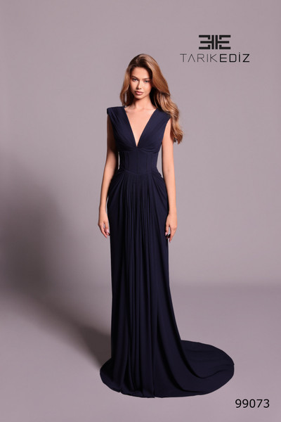 Tarik Ediz 99073 Crepe Plunging V-Neck Cap Sleeve Long Gown