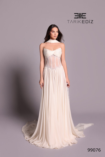 Tarik Ediz 99076 Chiffon Beaded Embellished Strapless Dress