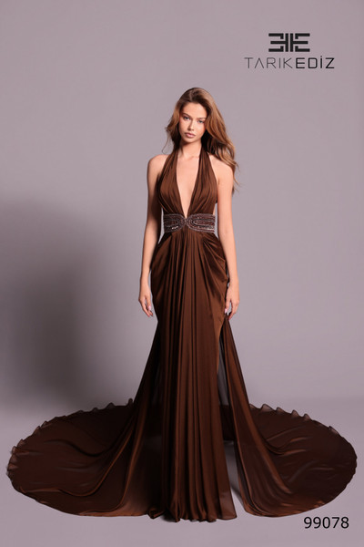 Tarik Ediz 99078 Chiffon Plunging Halter Neck Sheath Dress