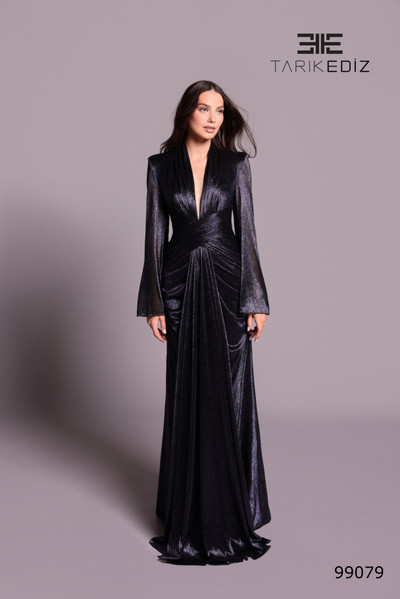 Tarik Ediz 99079 Silky Foil Long Flared Sleeve Sheath Dress