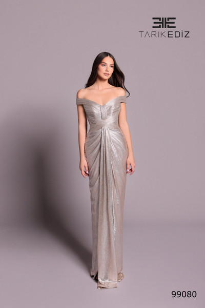 Tarik Ediz 99080 Silky Foil Off-Shoulder Sleeve Ruched Dress