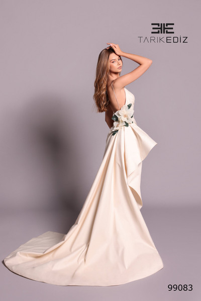 Tarik Ediz 99083 Taffeta V-Neck Spaghetti Straps Sheath Gown