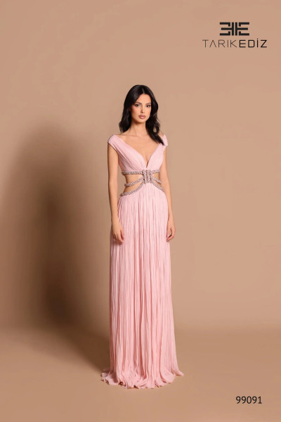 Tarik Ediz 99091 Chiffon V-Neck Sleeveless Evening Dress