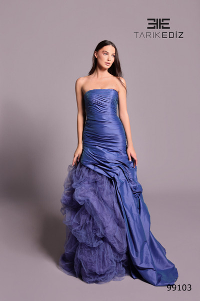 Tarik Ediz 99103 Taffeta Tulle Ruffled Strapless Long Dress