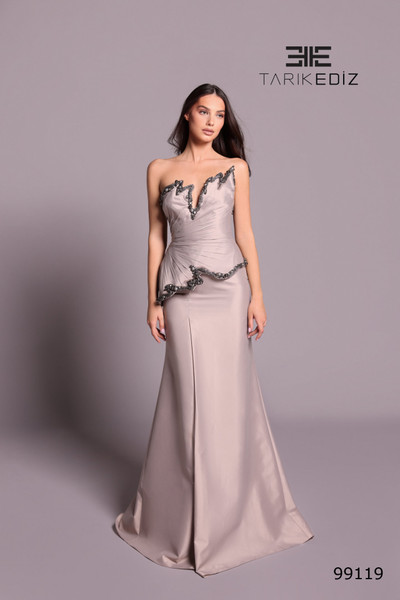 Tarik Ediz 99119 Taffeta Beaded Trim Strapless Sheath Dress