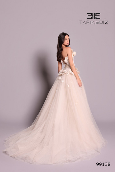 Tarik Ediz 99138 Taffeta Tulle 3D Floral Straight Neck Gown