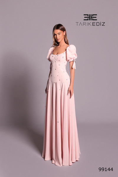 Tarik Ediz 99144 Beaded Crepe Scoop Neck Puff Sleeve Dress