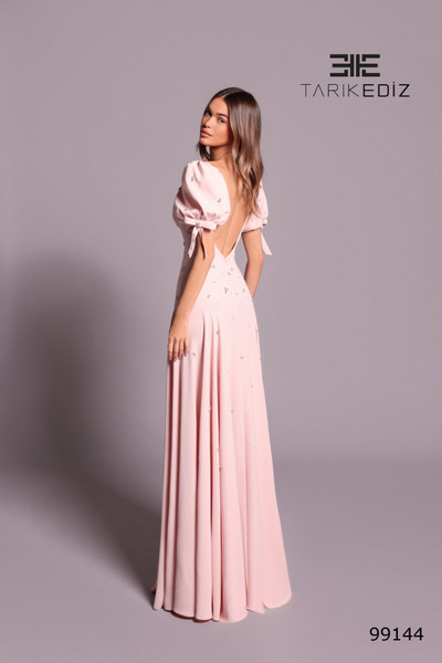 Tarik Ediz 99144 Beaded Crepe Scoop Neck Puff Sleeve Dress