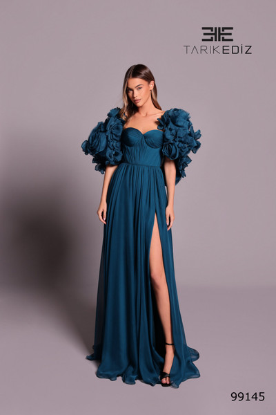 Tarik Ediz 99145 Chiffon Sweetheart Neck Floral Sleeve Dress