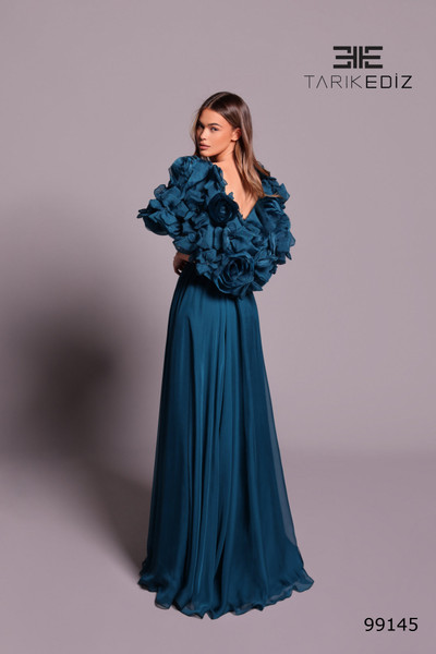 Tarik Ediz 99145 Chiffon Sweetheart Neck Floral Sleeve Dress