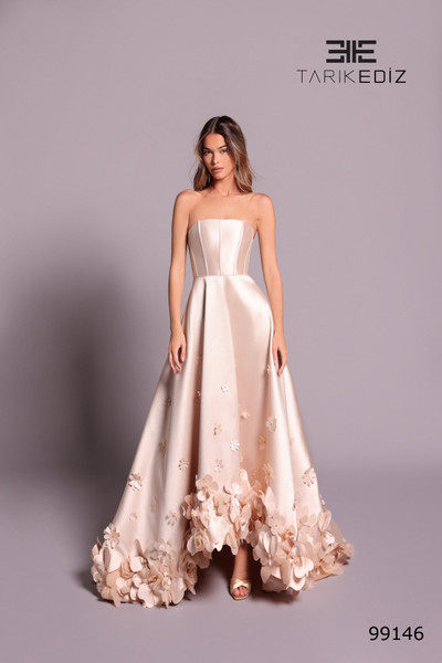 Tarik Ediz 99146 Mikado Floral Hem Strapless High Low Dress