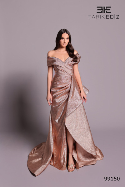 Tarik Ediz 99150 Jacquard Off Shoulder Sleeve Veneto Dress