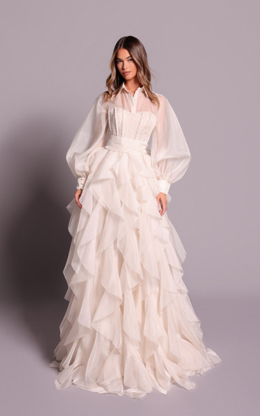 Tarik Ediz 99158 Organza Ruffled Long Bishop Sleeves Gown