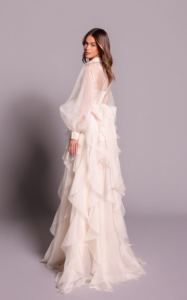 Tarik Ediz 99158 Organza Ruffled Long Bishop Sleeves Gown