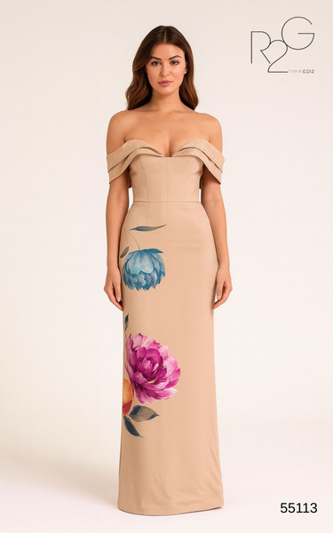 RG2 by Tarik Ediz 55113 Crepe Off Shoulder Flower Dress