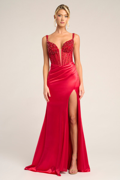 Portia and Scarlett PS26046 Satin Straps Sleeve Slit Dress