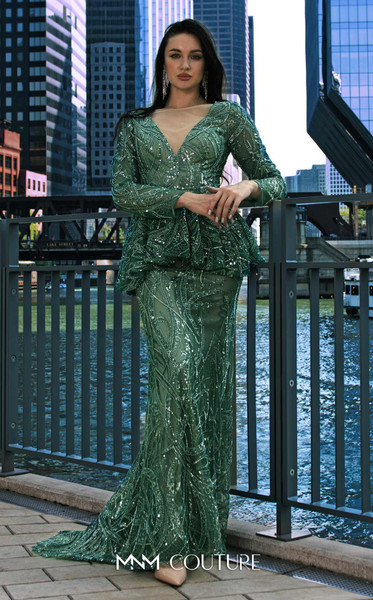 MNM Couture M1140 Sequin Embroidered Mesh Long Sleeve Gown