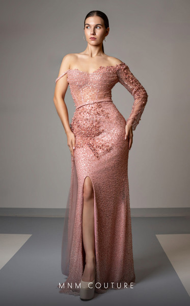 MNM Couture M1165 Embroidered Mesh One Long Sleeve Gown