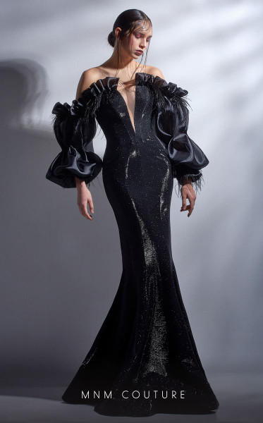 MNM Couture G1252 Ruffle V-Neck Puffed Long Sleeves Gown