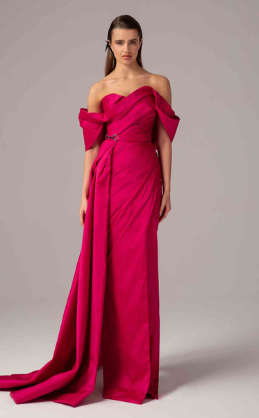 MNM Couture E0090 Off-Shoulder Cap Sleeve Pleated Long Gown