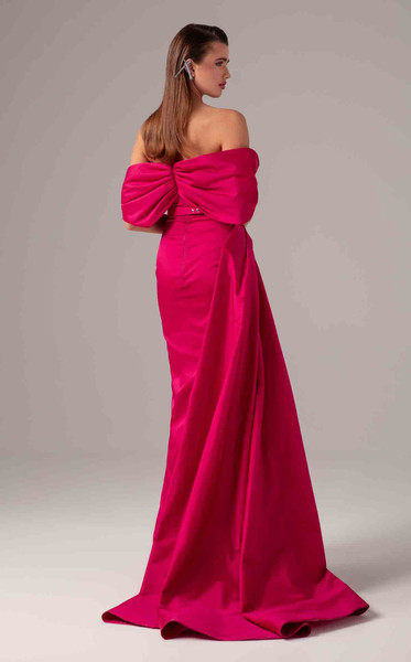 MNM Couture E0090 Off-Shoulder Cap Sleeve Pleated Long Gown