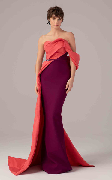 MNM Couture E0091 Off-Shoulder Cap Sleeve Pleated Neck Gown