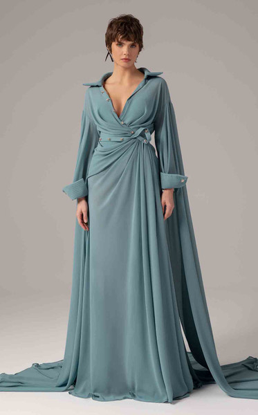 MNM Couture E0093 Rayon Crepe Collar V-neck Long Sleeve Gown