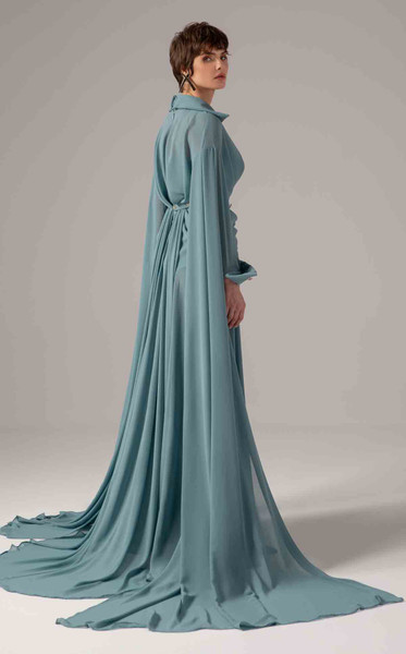 MNM Couture E0093 Rayon Crepe Collar V-neck Long Sleeve Gown