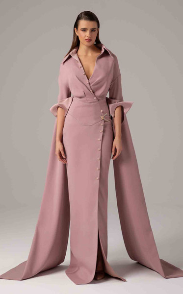 MNM Couture E0094 Rayon Crepe Collar V-neck Long Sleeve Gown
