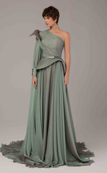 MNM Couture E0097 Asymmetric Neck Single Long Sleeve Gown